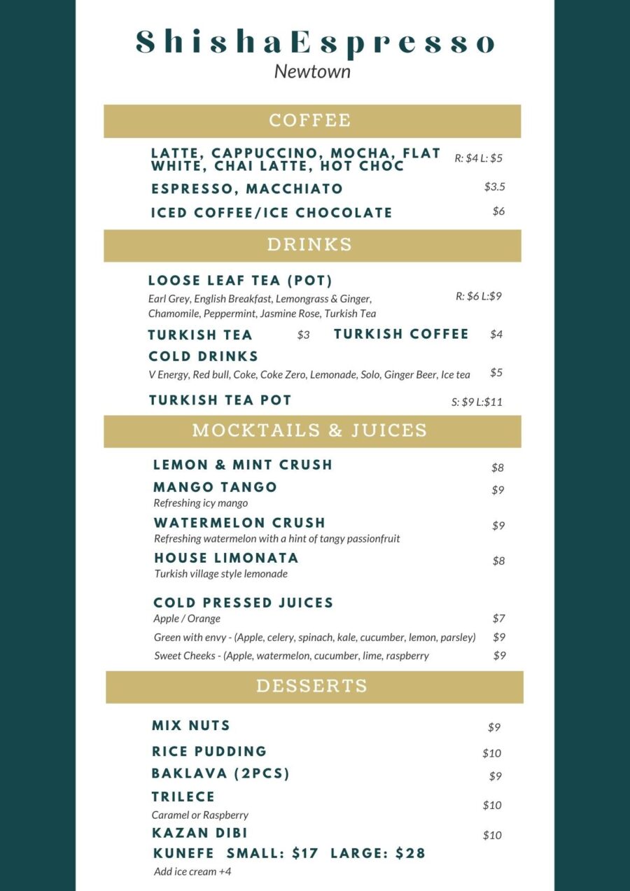 Shisha & Drinks Menu ShishaEspresso Newtown Sydney